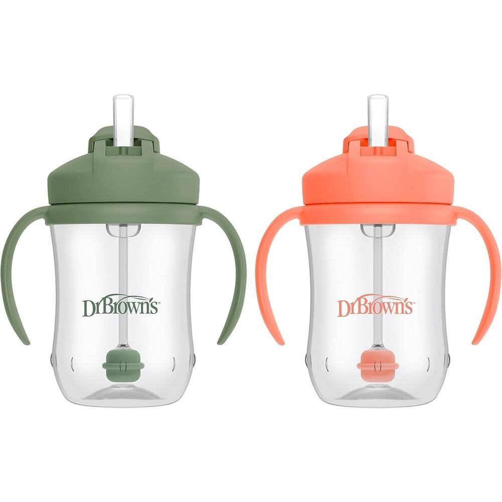🔥Dr. Brown's Milestones Baby's First Sippy Cup w Straw 9oz 2pk Coral/Olive🔥
